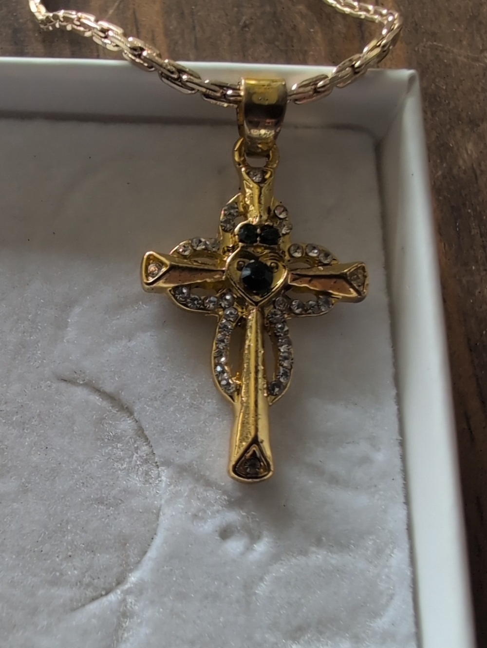Gold-Tone Cross Pendant Necklace with Black Accent Stones